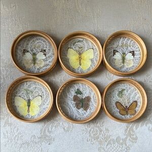 Bamboo pressed butterfly and lace 6 piece coaster set